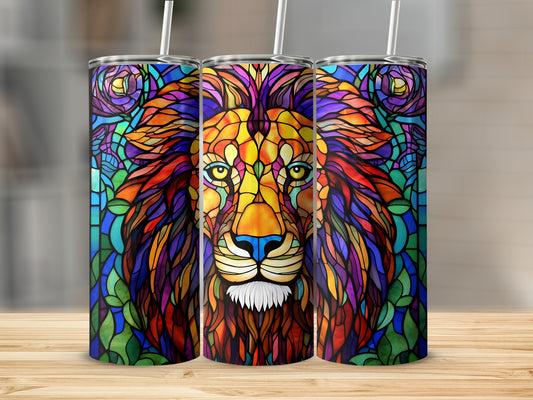 Three stained glass style tumblers featuring a colorful lion's face.