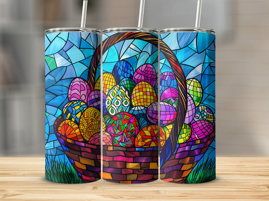 Stained glass Easter basket with colorful eggs and straw.