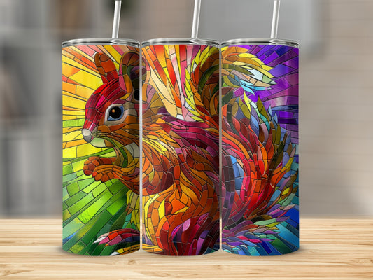 Stained glass squirrel design on three cylindrical tumblers with straws.