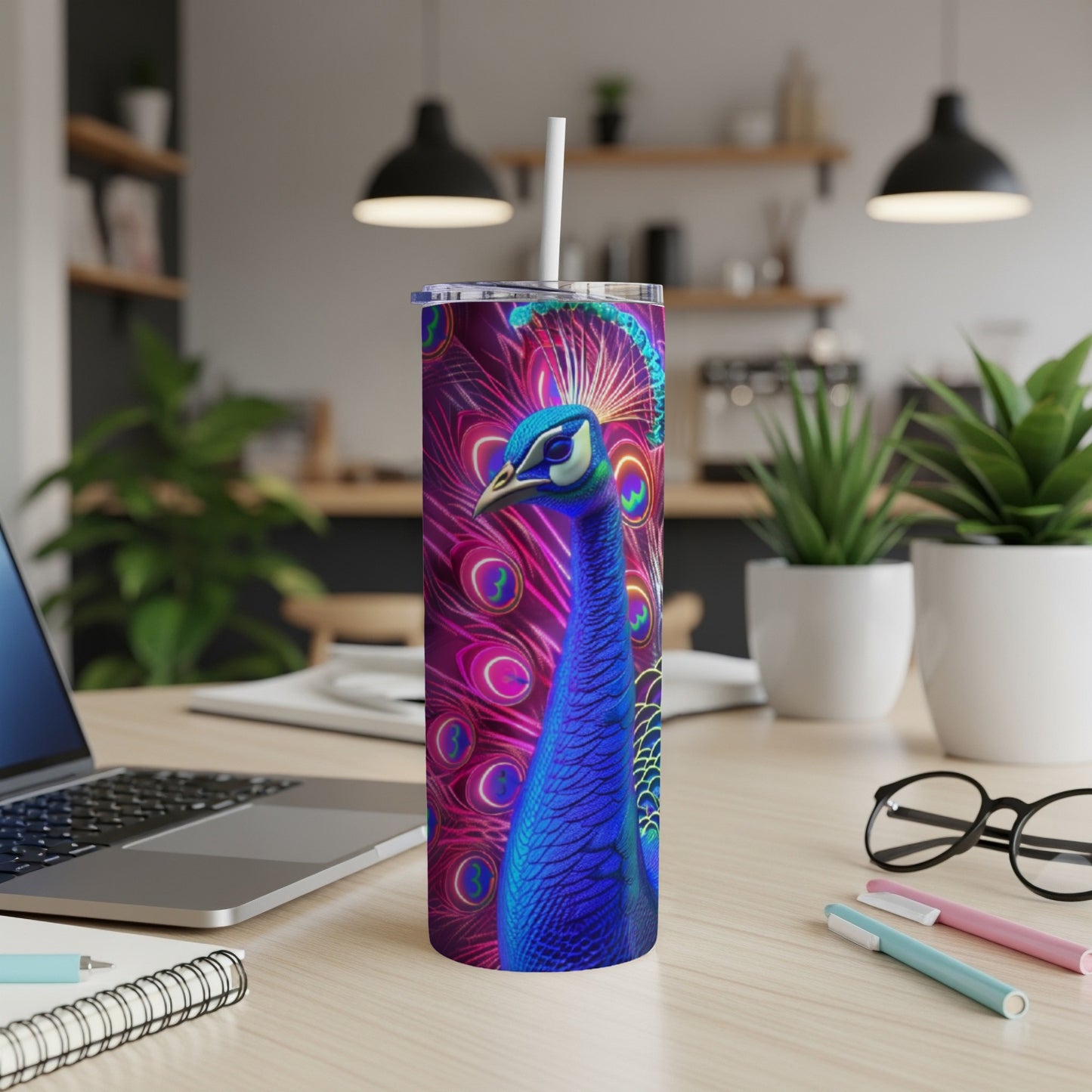 Tumbler with a vibrant peacock feather design on a desk.
