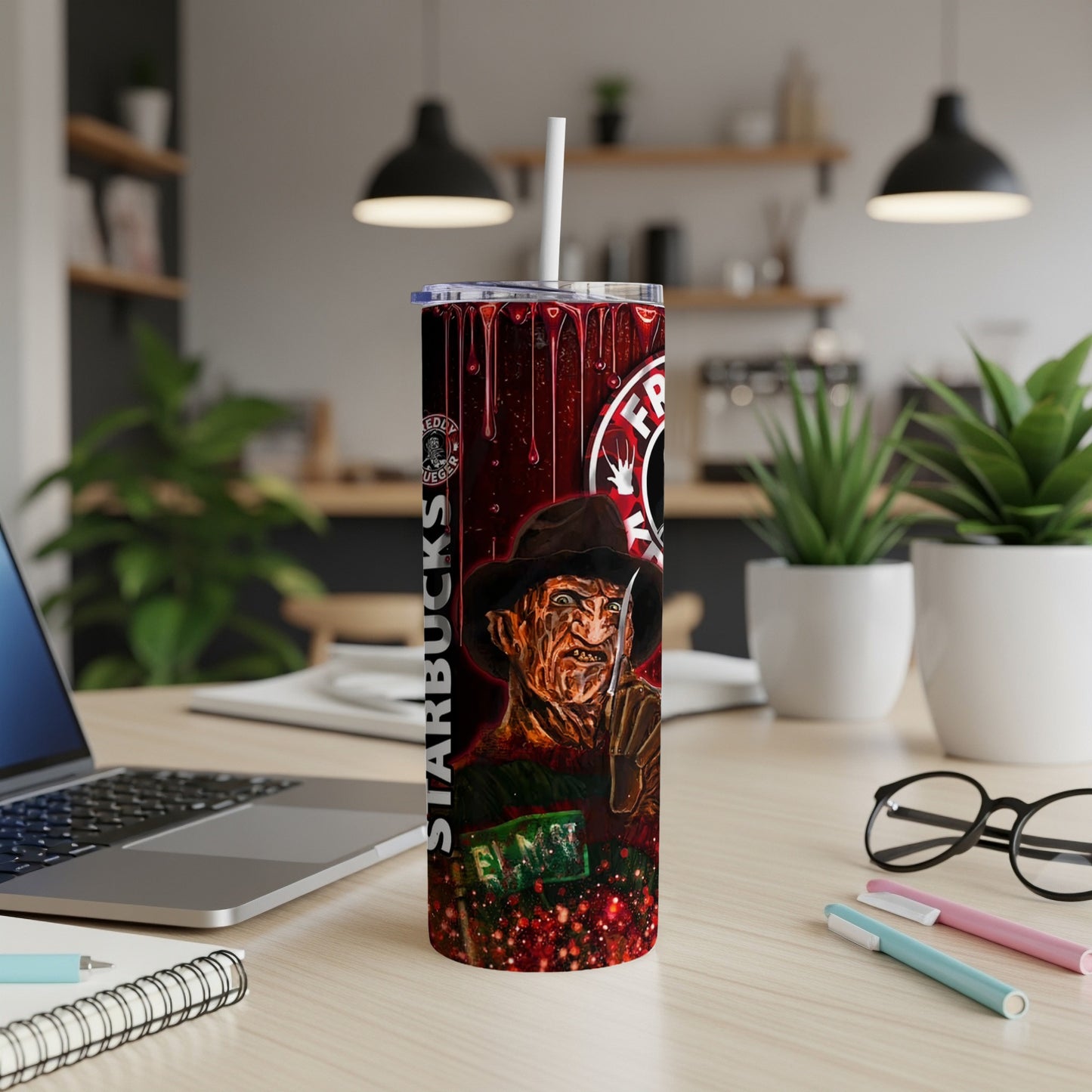Tumbler with Freddy Krueger and Starbucks logo design.
