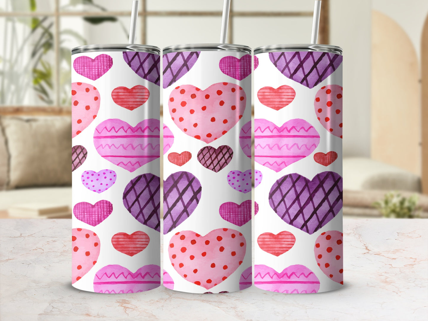 Vibrant Pink and Purple Hearts Pattern Tumbler