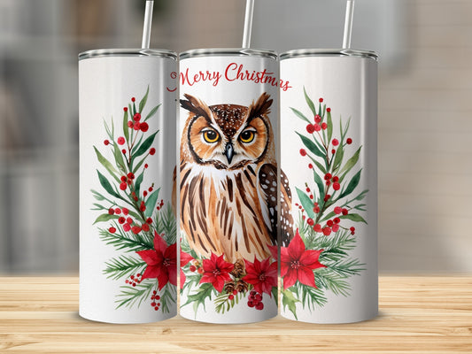 Christmas tumbler with owl and poinsettias.