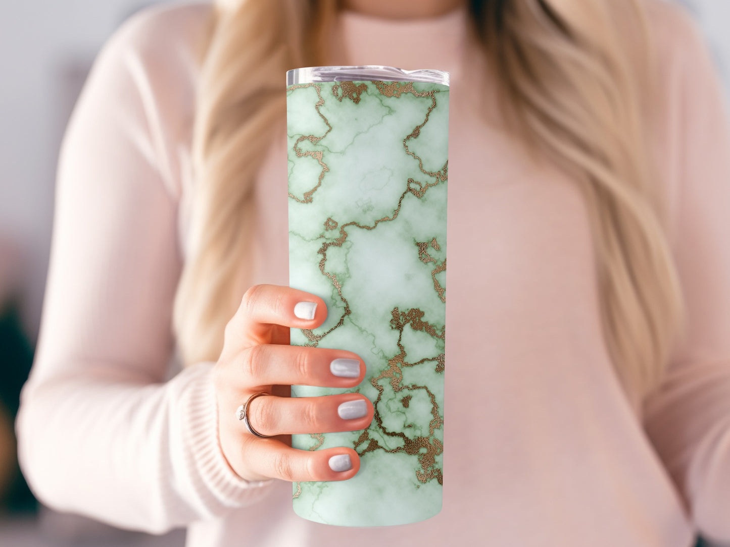 Mint Green with Faux Gold Marble Veins Design Tumblers