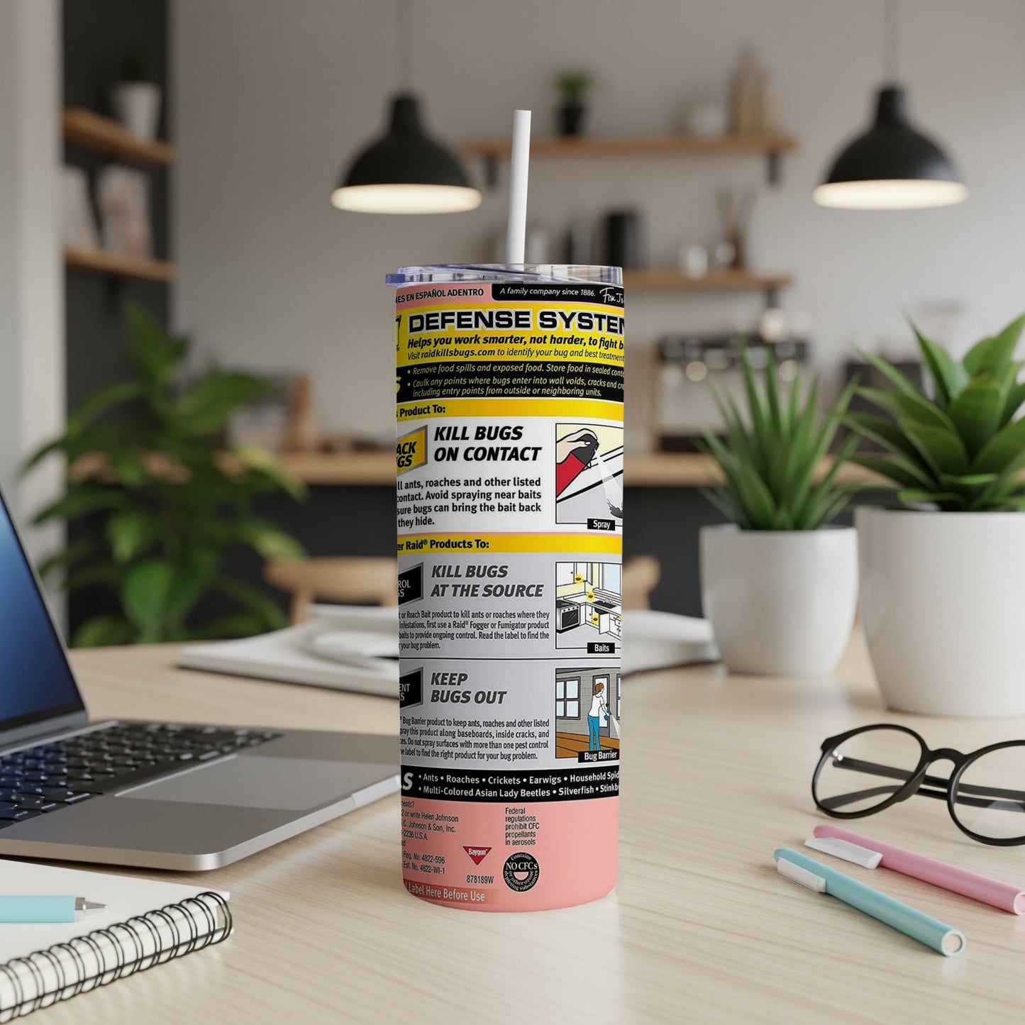 Raid Defense System spray bottle label with bug killer instructions.