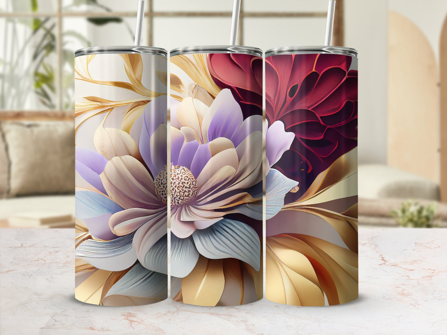 Floral Pattern Insulated Tumblers with Straws Drinkware