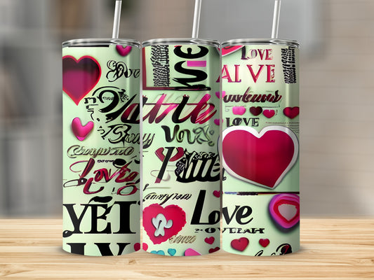 Three tumblers with Valentine's Day themed heart and calligraphy designs.