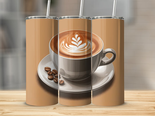 Coffee cup with latte art and beans on a saucer.