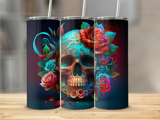 Day of the Dead skull with vibrant roses and decorative patterns, on a dark background.