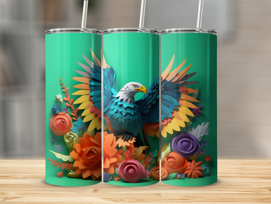 Three turquoise tumblers featuring a colorful eagle and floral design.