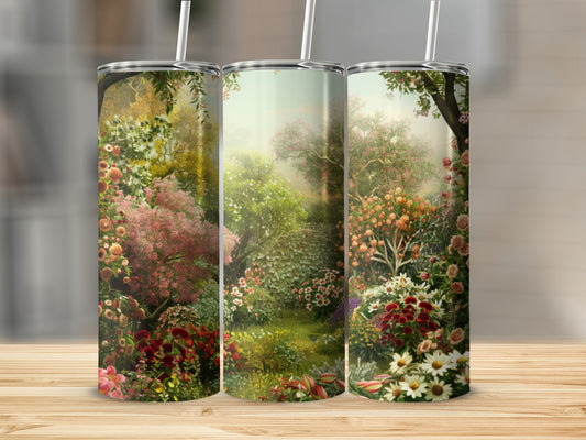 Garden scene with blooming flowers and trees on three tumblers.