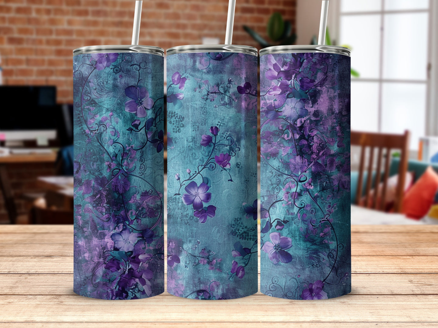 Vibrant Purple and Blue Floral Skinny Tumbler Product
