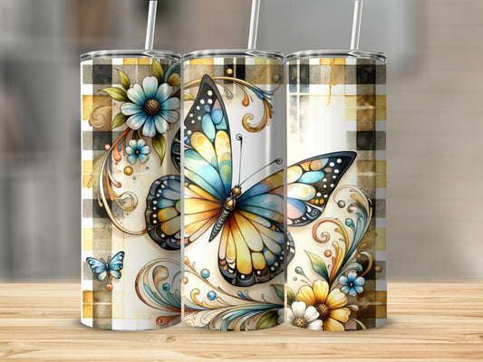 Three tumblers featuring a colorful butterfly and floral design on plaid background.
