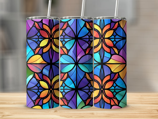 Three tumblers with stained glass floral pattern in vibrant blues, purples, and oranges.
