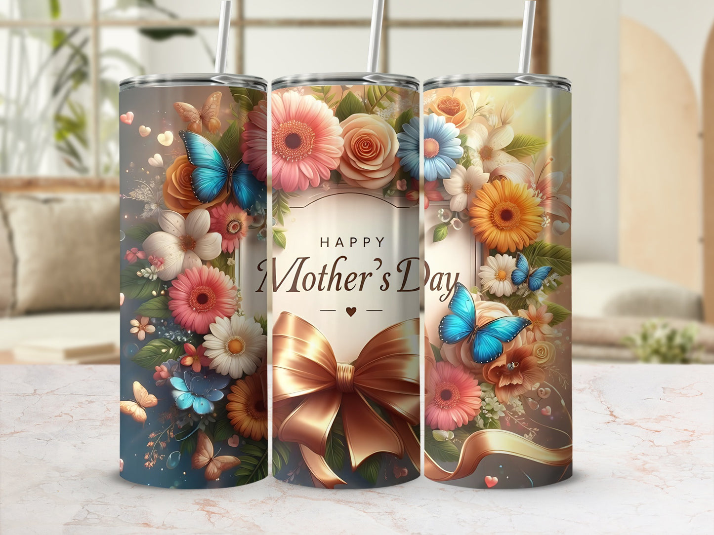 Mother's Day Floral Tumbler with Butterflies Design