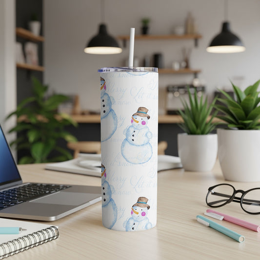 Tall white tumbler with repeating snowman and "Let it snow" text pattern.