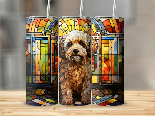 Brown dog in front of stained glass on three tumblers.