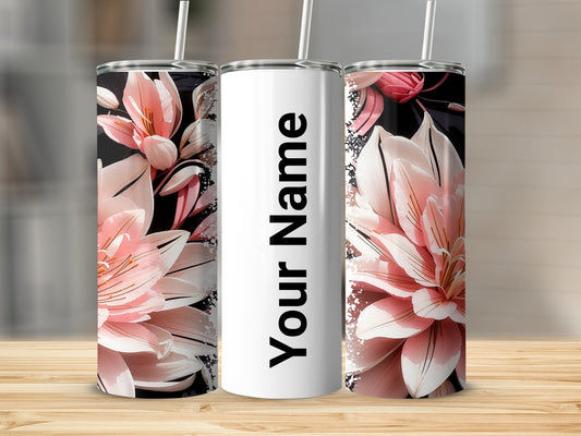 Personalized Pink Floral Design Tumbler with Straw