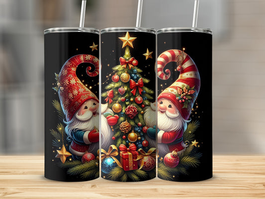 Two festive gnomes flank a decorated Christmas tree with gifts and stars.