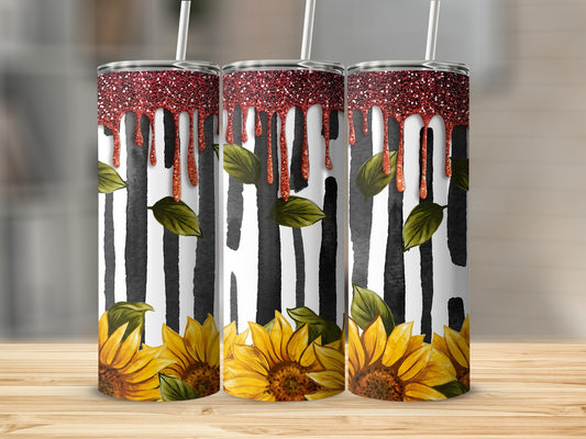 Three sunflowers with black and white stripes and red glitter drip designs.