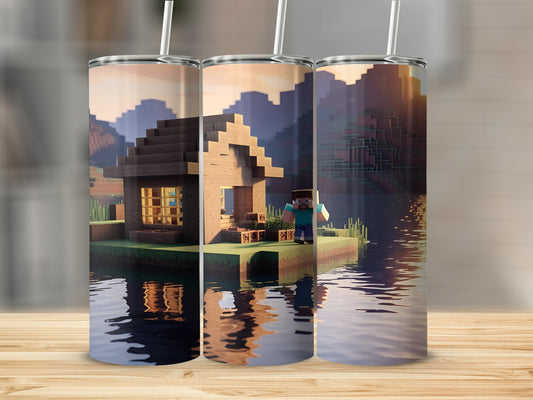Minecraft Steve building a wooden house on water at sunset.
