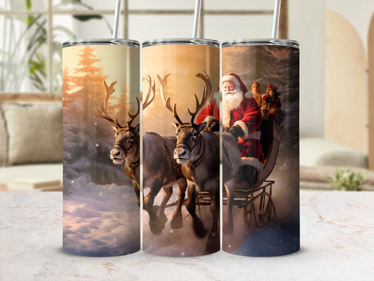 Santa Claus and Reindeer Scene on Tumbler Flask