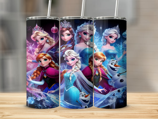 Frozen characters Elsa, Anna, and Olaf featured on a tumbler.