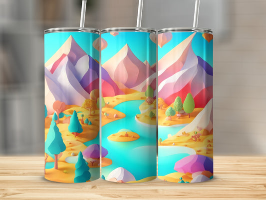 Three tumblers featuring a colorful, stylized mountain landscape with a river.