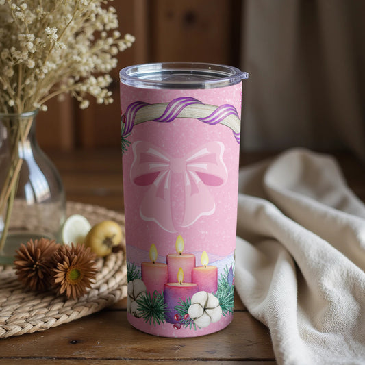 Festive Pink Tumbler with Candles and Ribbon Design