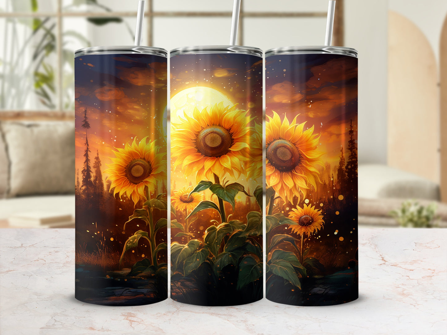 Sunflower and Sunset Art Tumbler With Straw Cup