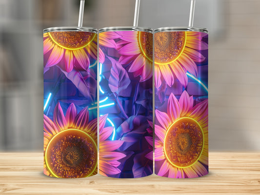 Three tumblers with glowing sunflowers and neon blue foliage on a wooden surface.