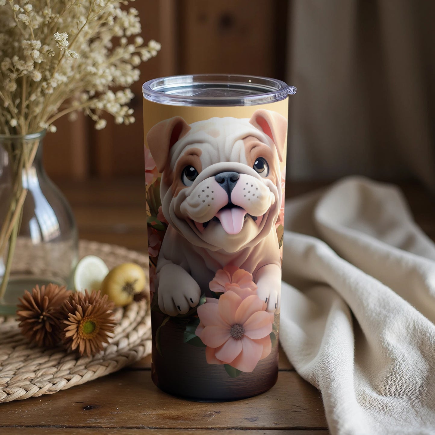 Cute Bulldog Happy Expression Pink Blossom Tumbler