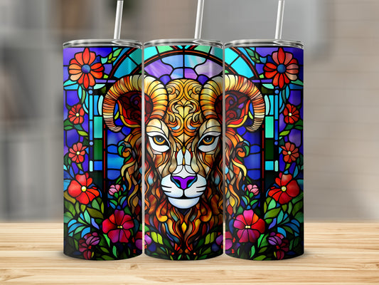 Stained glass Aries ram and floral design on three tumblers.