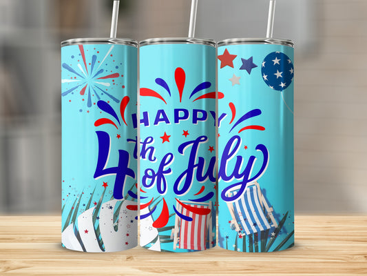 Happy 4th of July tumbler with patriotic fireworks and stars design.