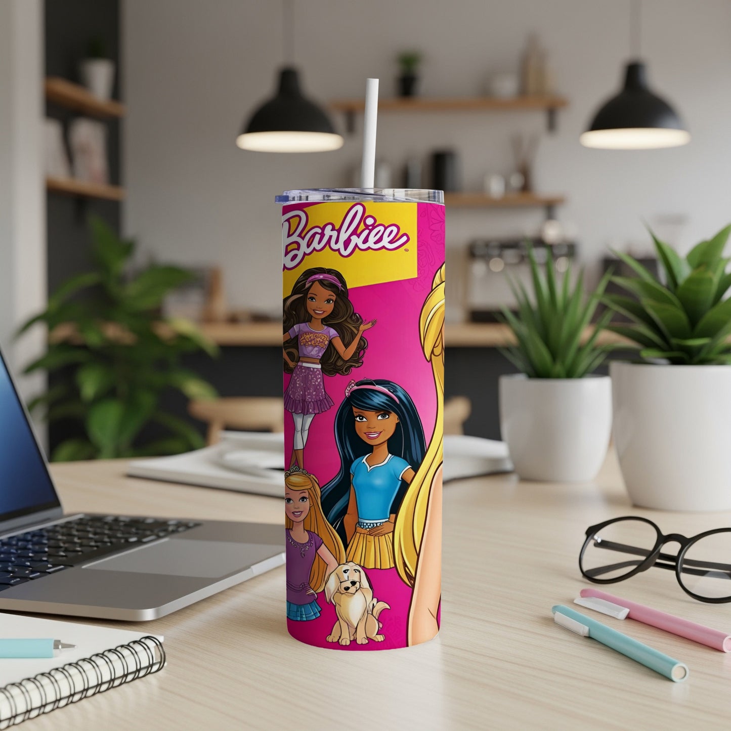 Barbie characters with a dog on a pink tumbler.