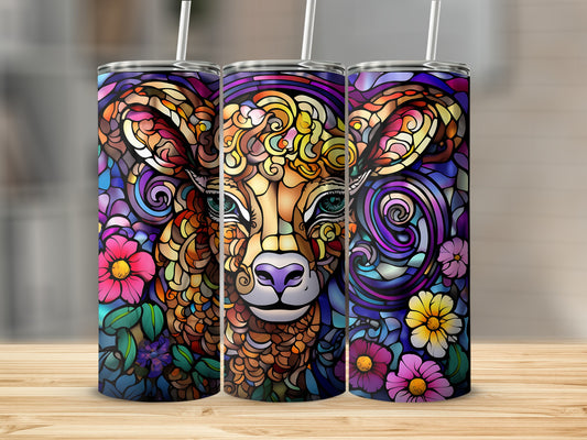 Three tumblers with a colorful stained-glass ram and floral design.