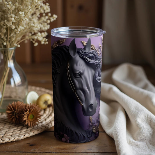 Elegant Black Horse Tumbler with Purple Accents