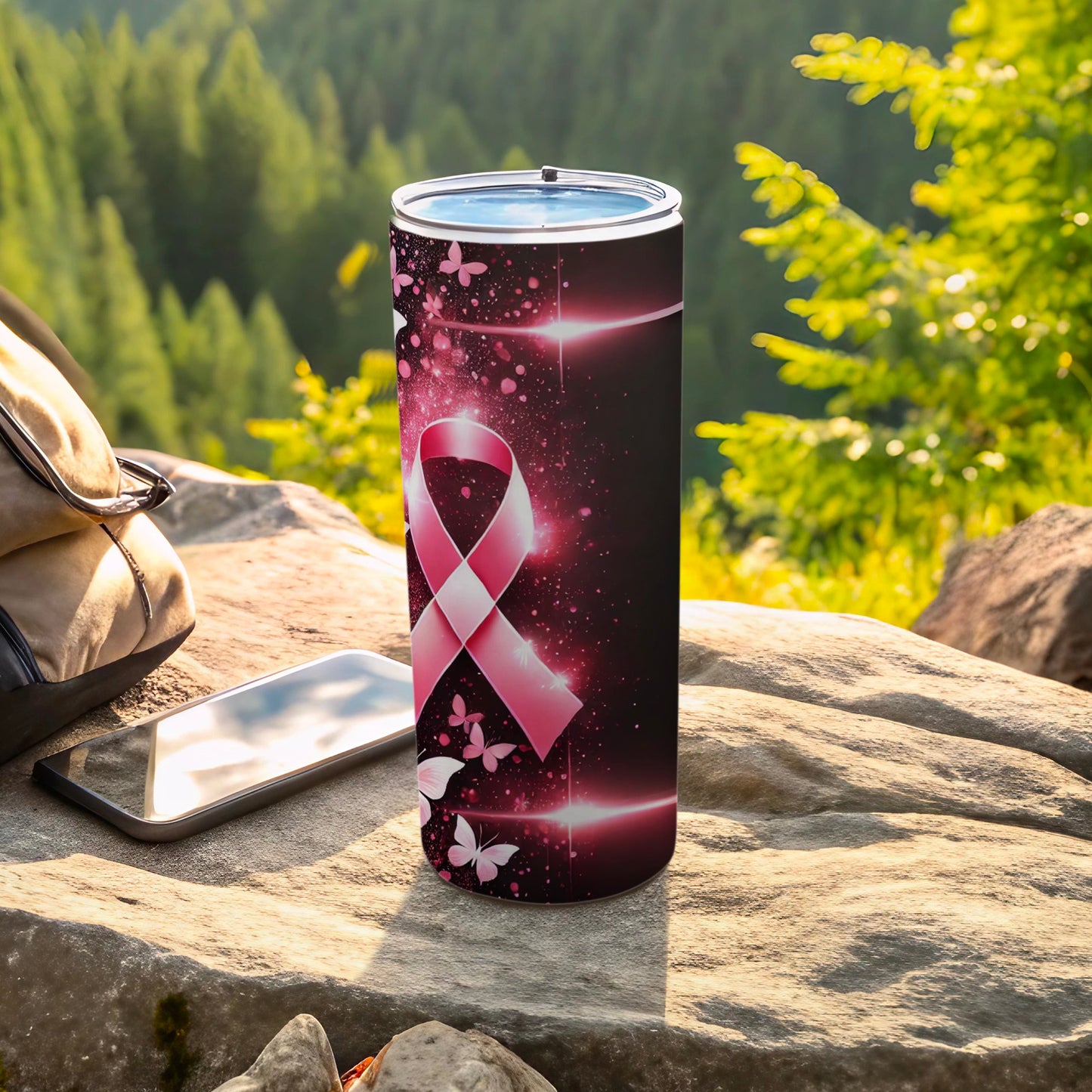 Pink ribbon with butterflies on a dark, sparkling background.