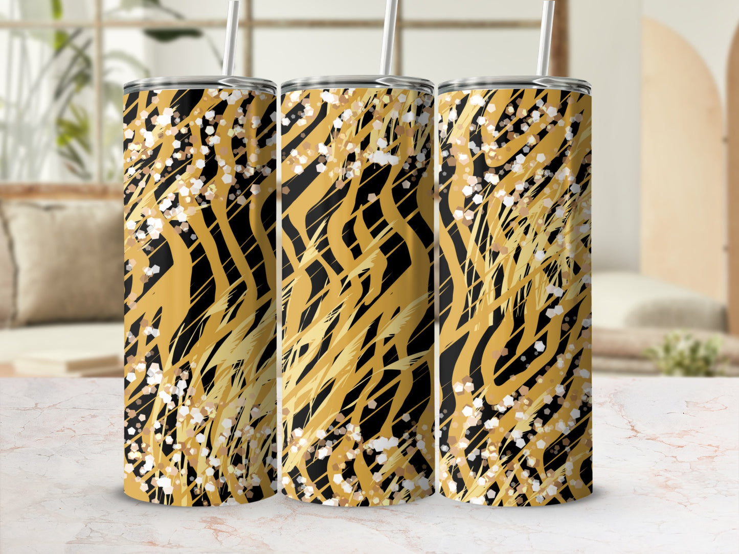 Golden and Black Abstract Striped Tumbler Flask