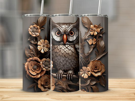 Brown owl with orange eyes sits on a branch with floral accents.