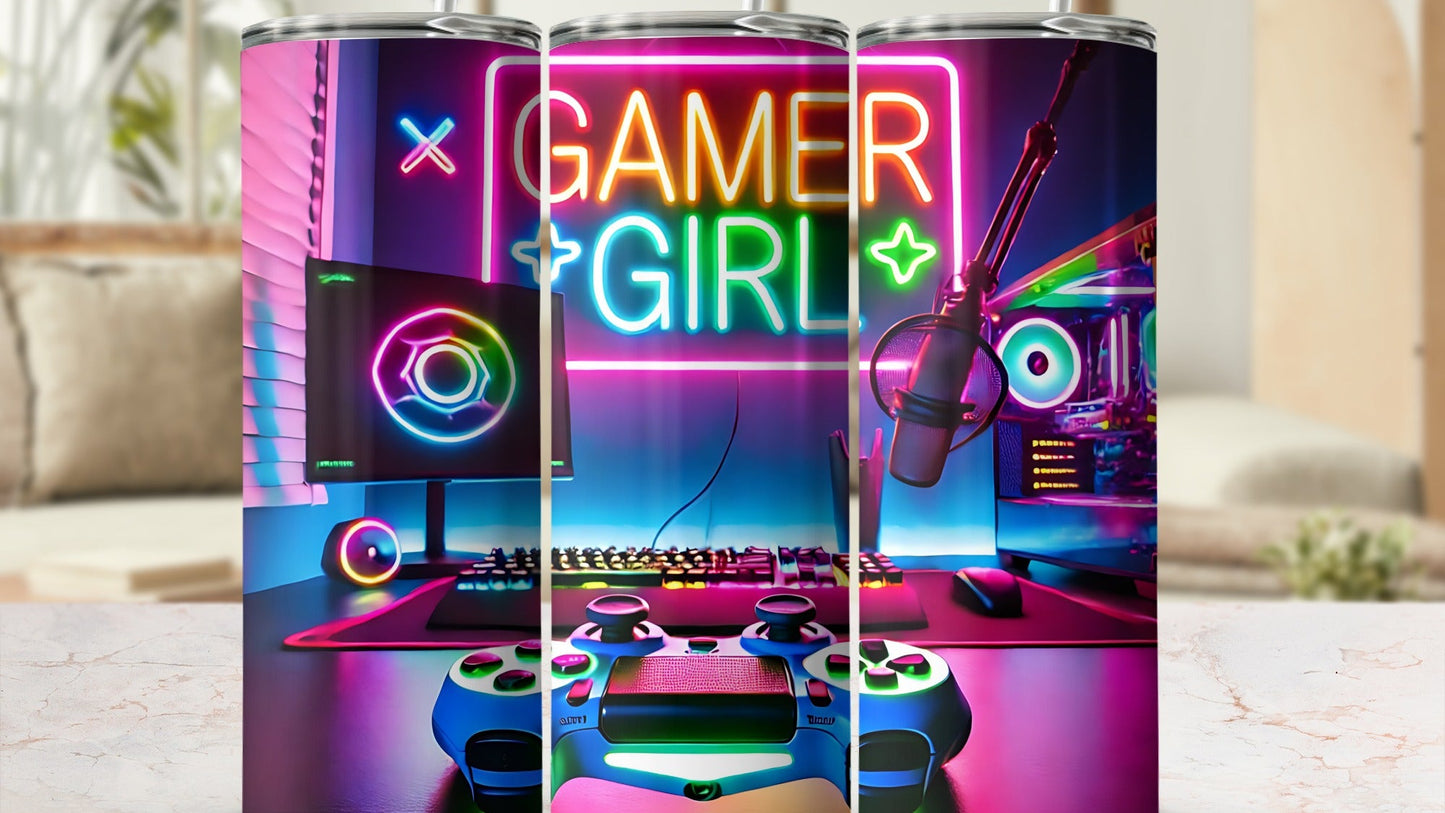 Gamer Girl Neon Lights Gaming Desk Tumbler Product