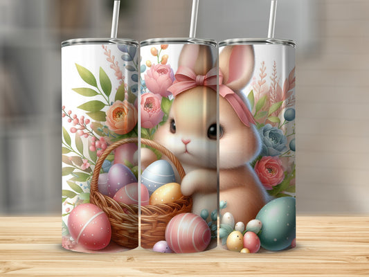 Easter bunny with basket of colorful eggs and flowers.