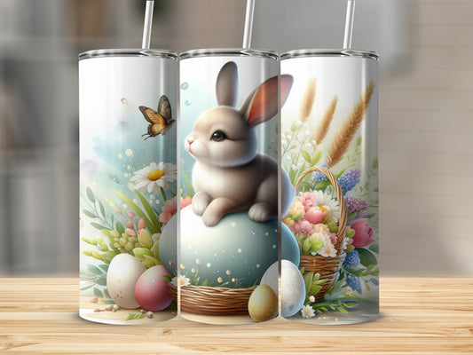 Easter bunny on egg with flowers, basket, and butterfly.
