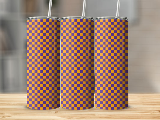 Three tumblers with a purple and orange checkerboard pattern.