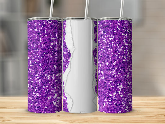 Purple glitter tumbler with torn paper effect and straw.