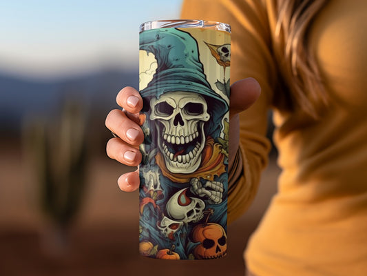 Spooky Halloween Skull and Pumpkin Design Tumbler