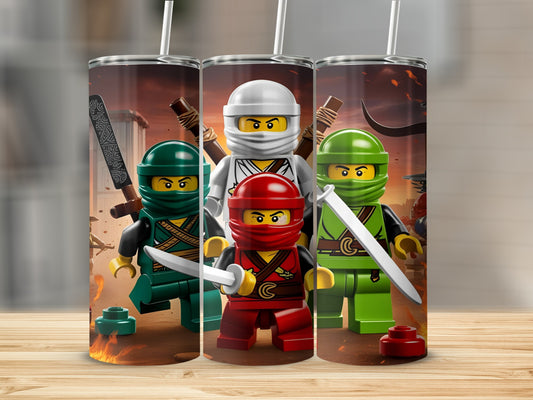 Three ninjago characters with swords stand in front of a fiery background.