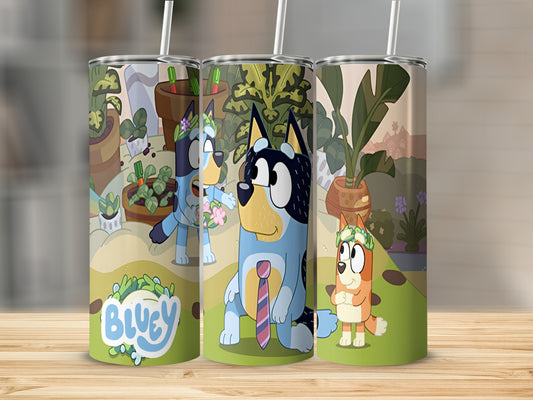 Bluey and Bingo characters on a patterned tumbler with potted plants.