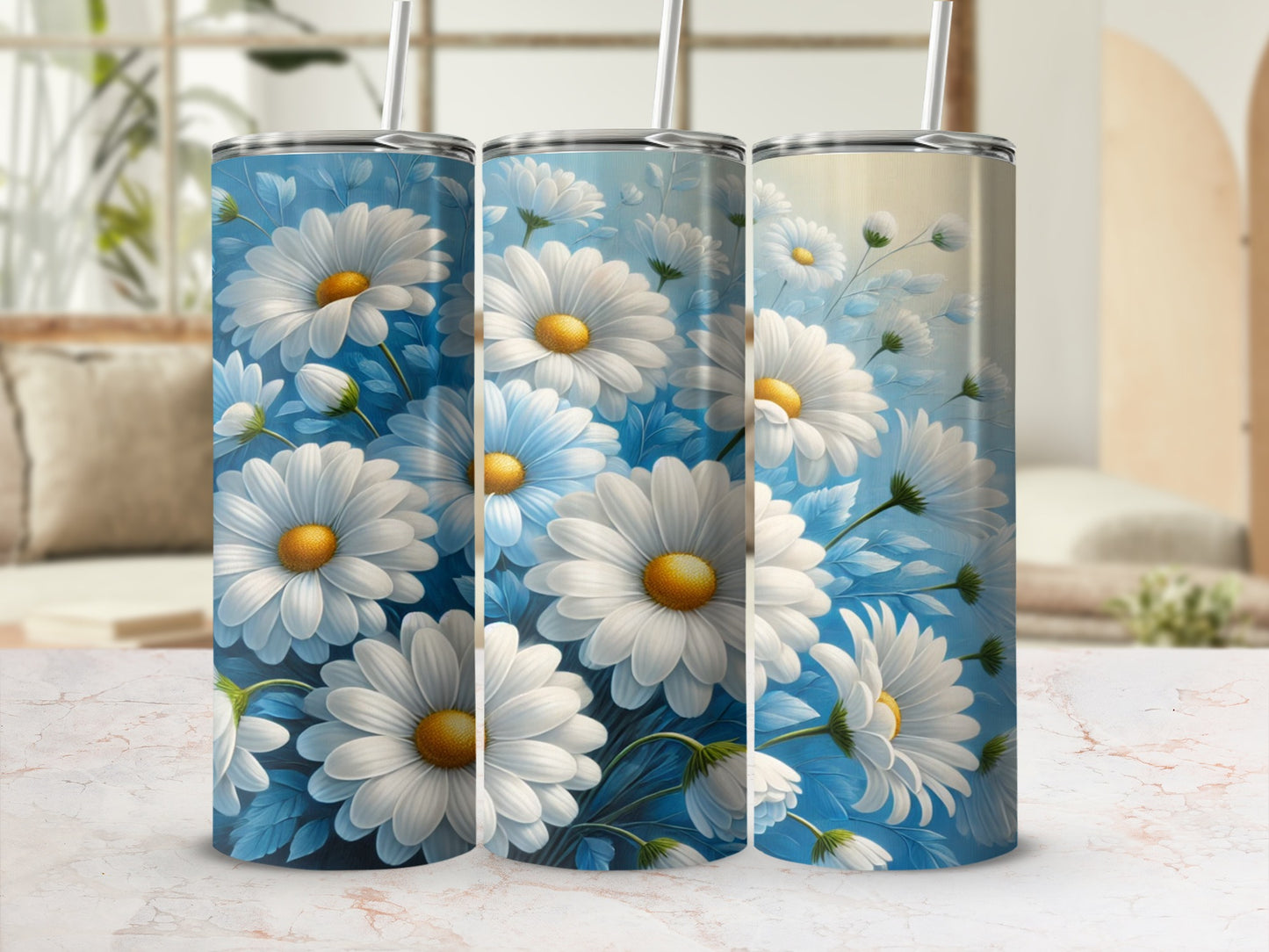 White and Blue Daisies Design Stainless Steel Tumbler