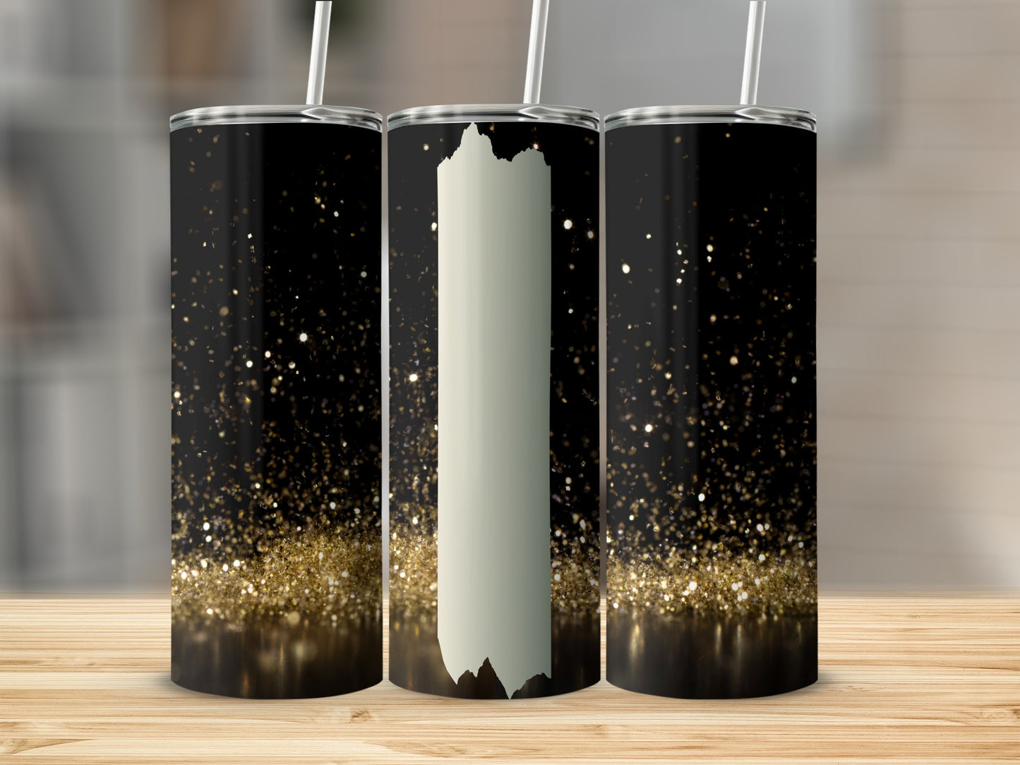 Black tumbler with gold glitter and white vertical stripe.